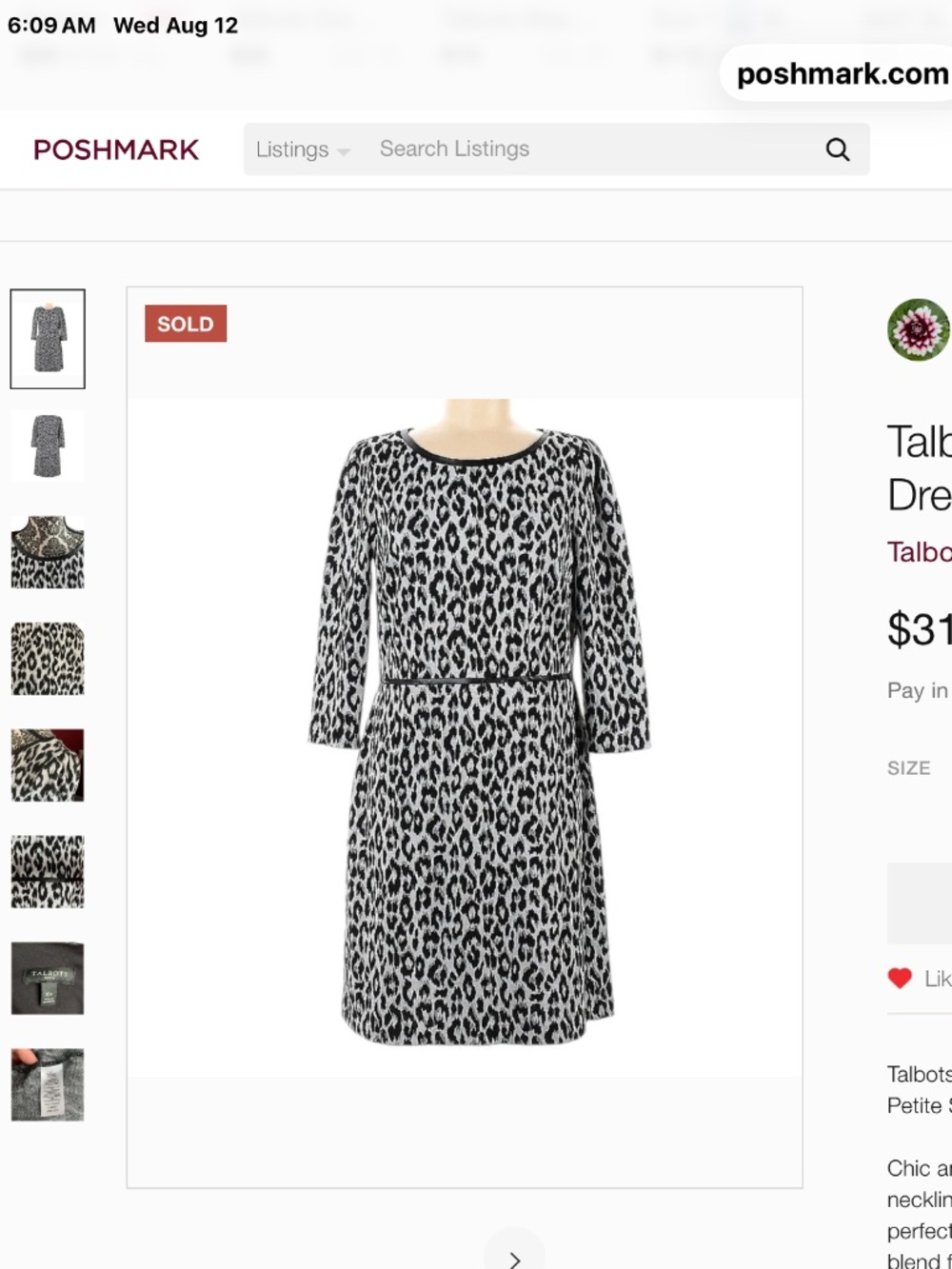 Talbots 3/4 Sleeve Animal Print Sheath Dress - Petite Size 10